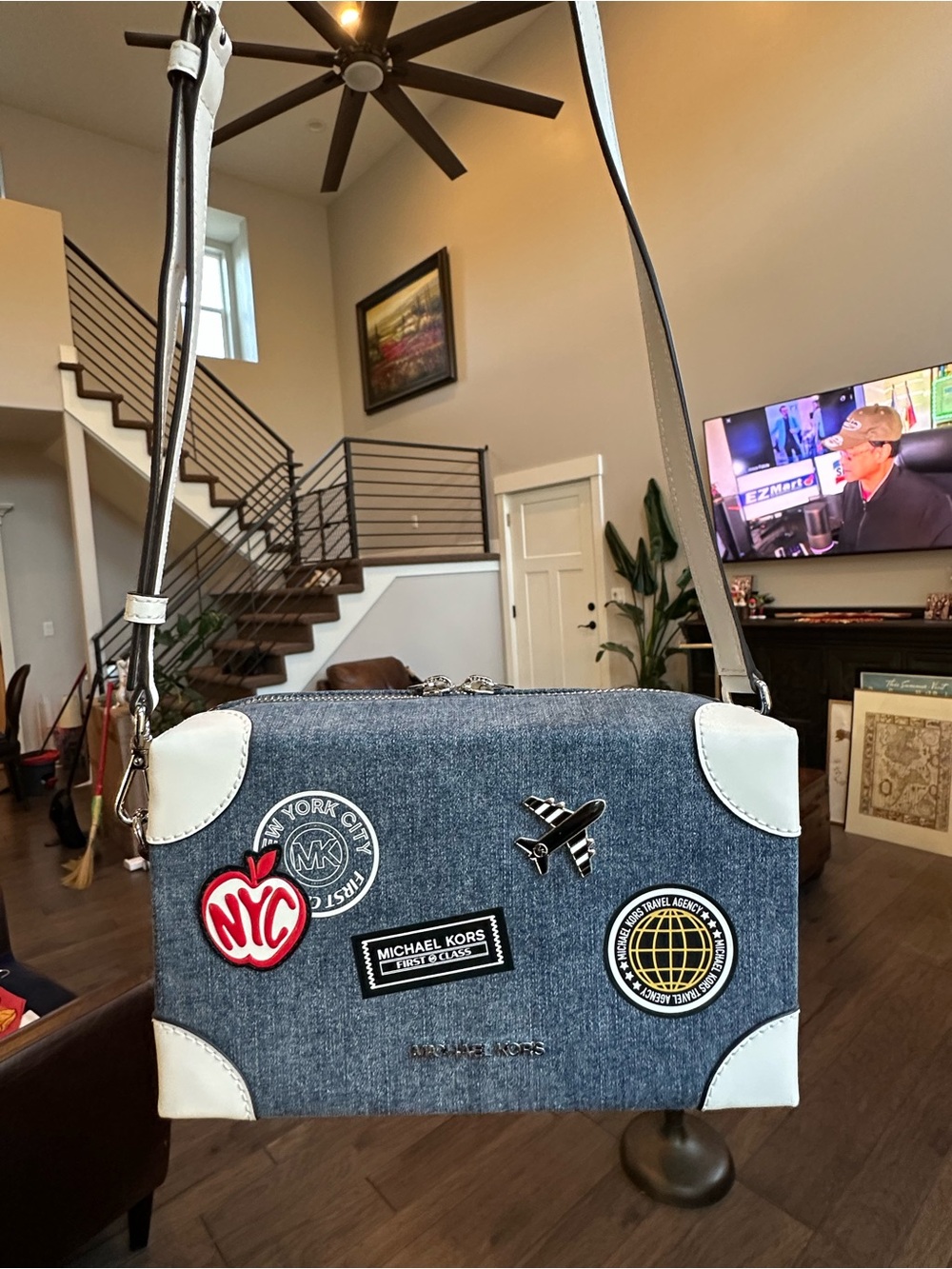 Michael Kors Denim Crossbody with Travel Patch Details